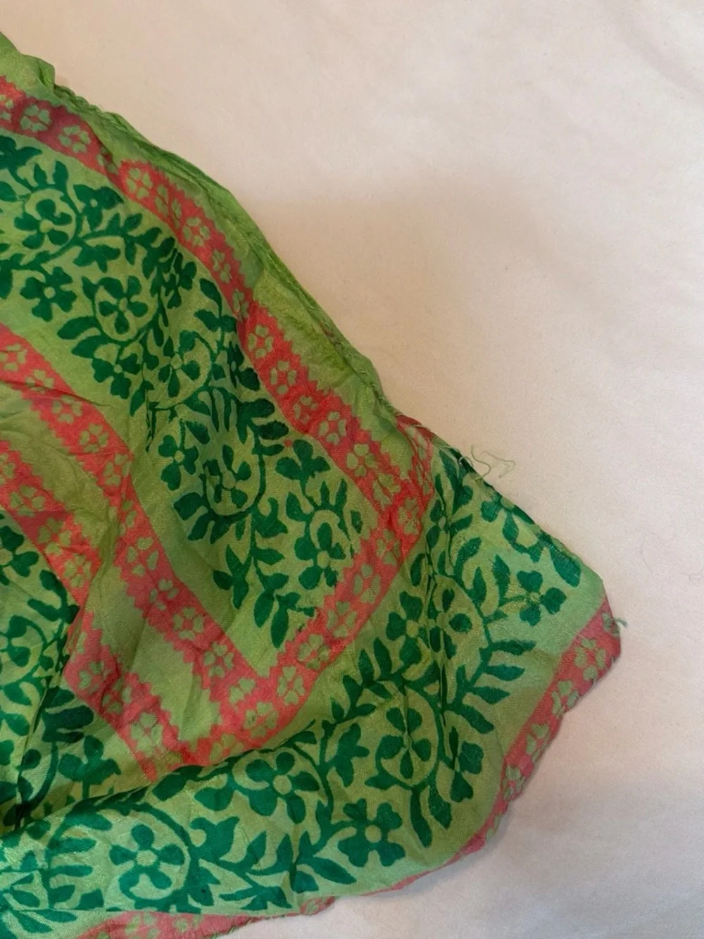 Hand Woven Indian Silk Floral Scarf Green Pink Boho